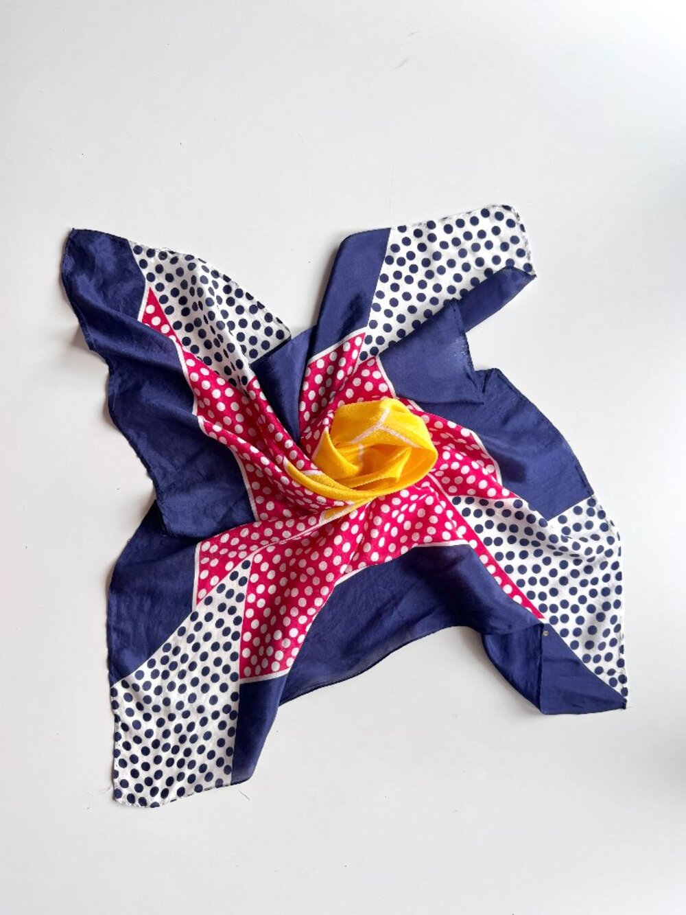 Vintage ECHO Red Navy Yellow Polka Dot Silk Crepe 30" x 30" Square Scarf